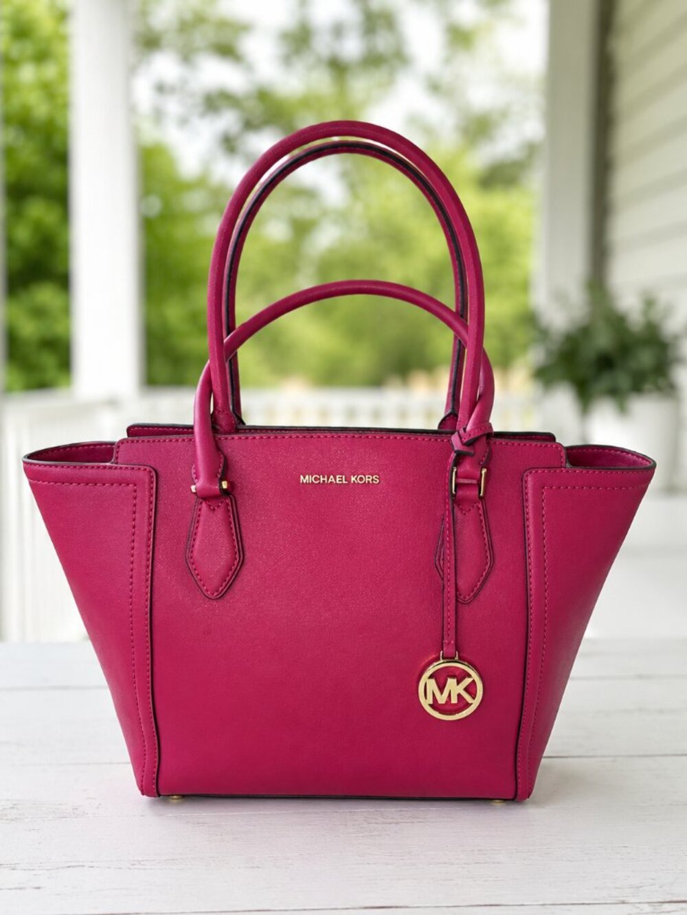 Michael Kors Selma Medium Saffiano Leather Satchel Raspberry Pink Gold Hardware